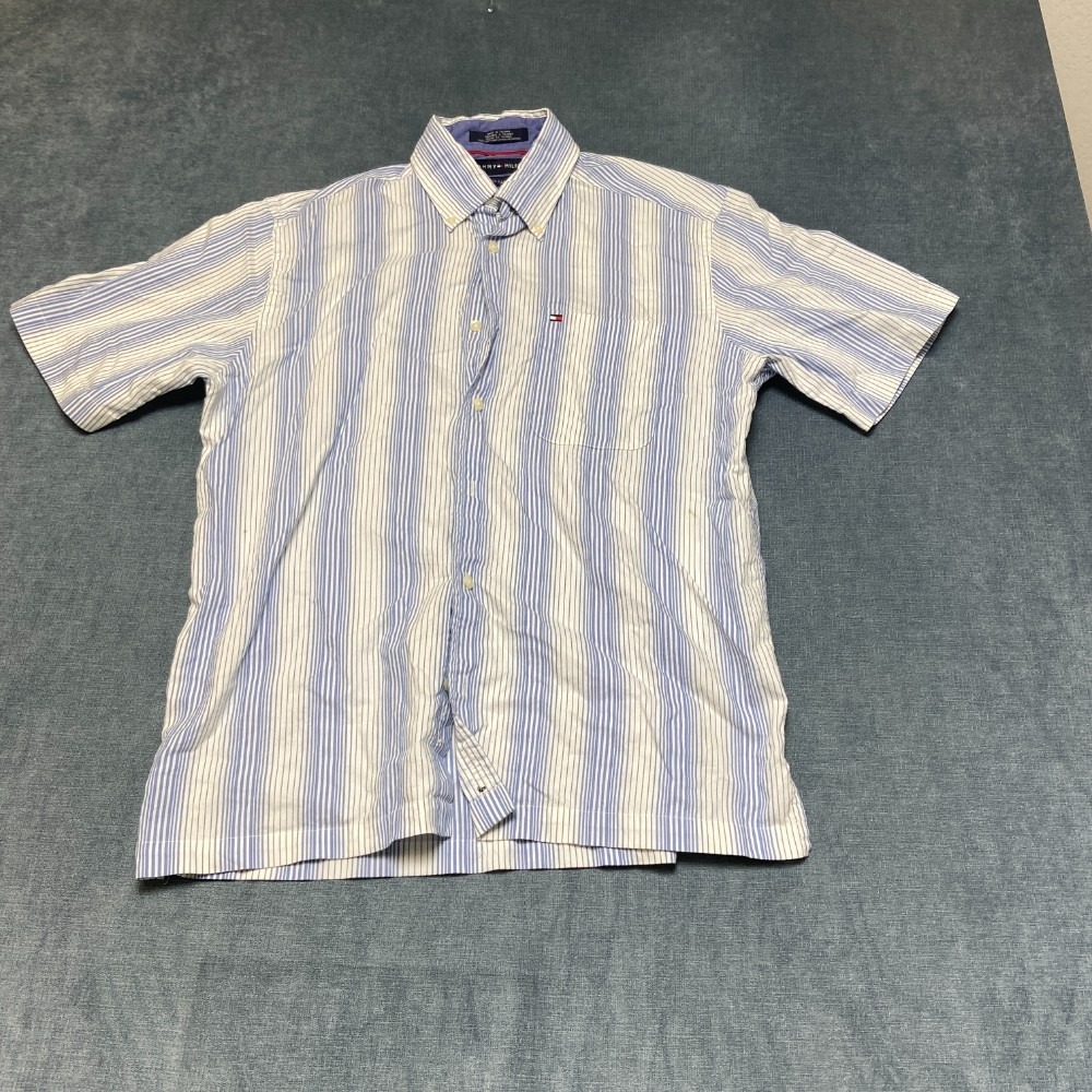 Tommy Hilfiger 80's 2 Ply Fabric Shirt Mens Small White Blue Striped Button Down